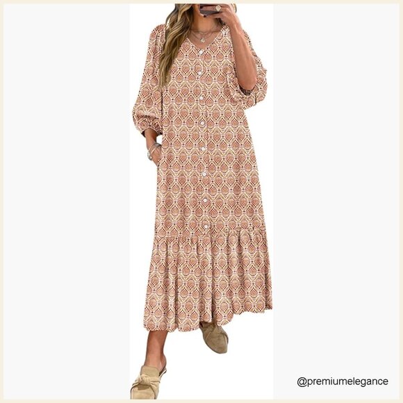 Puff Sleeve Maxi Dress with Pockets, V-Neck, Flowy Rayon, Casual Summer Wear Puff Sleeve Maxi Dress with Pockets, V-Neck, Flowy Rayon, Casual Summer Wear